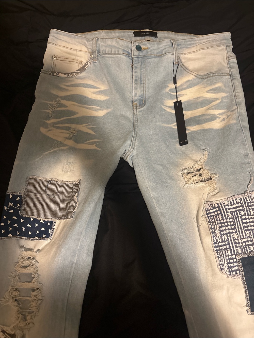 AMIRI Light Blue Distressed Patchwork Relaxed Jeans